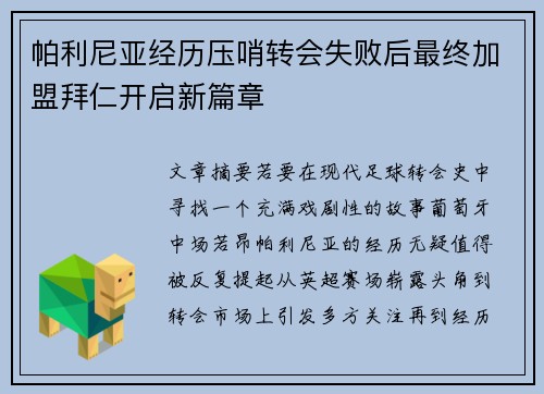 帕利尼亚经历压哨转会失败后最终加盟拜仁开启新篇章
