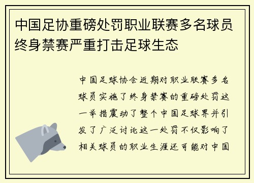 中国足协重磅处罚职业联赛多名球员终身禁赛严重打击足球生态